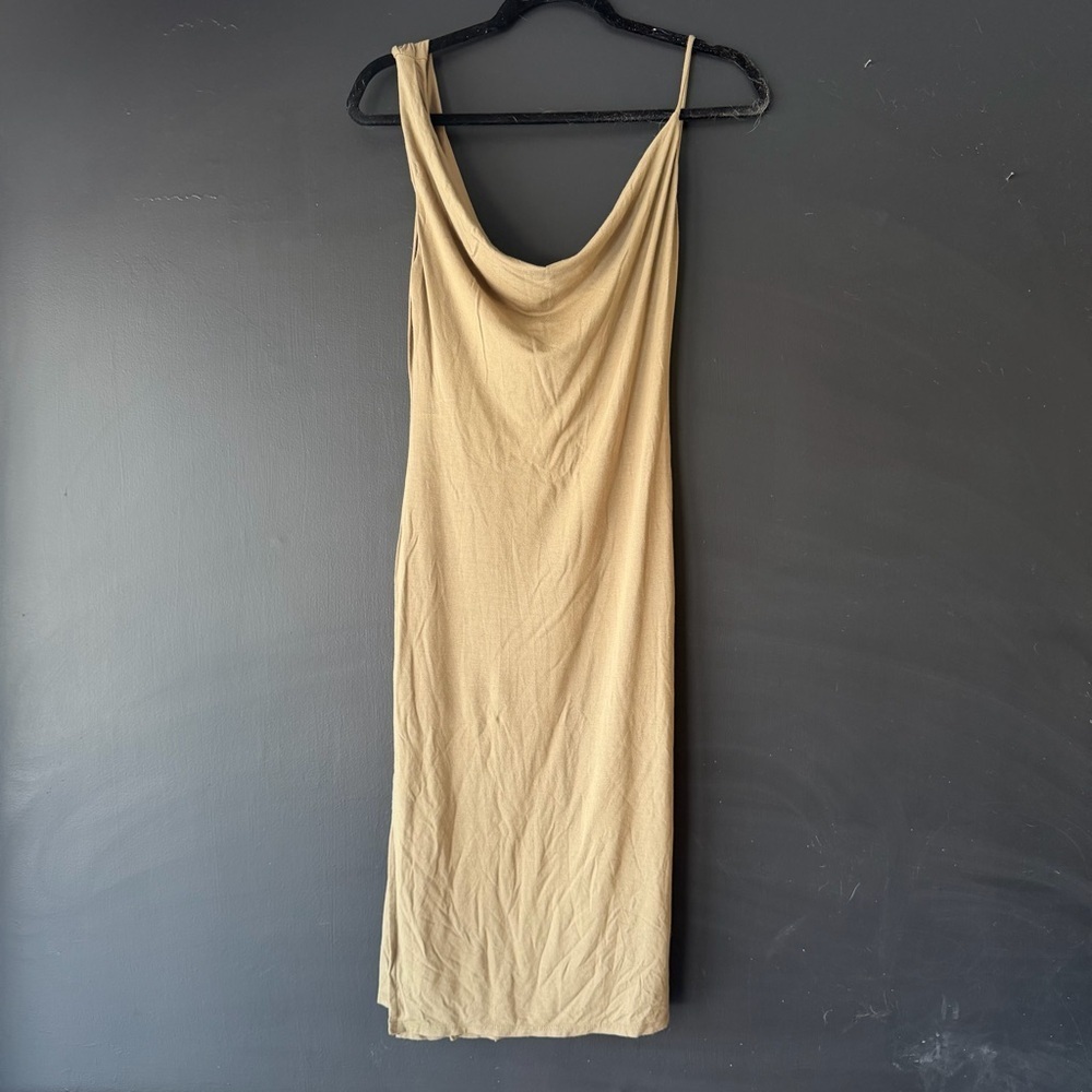 Lulus Womens Olive Green Cowl Neck Asymmetrical Midi Dress Summer Formal Size Md